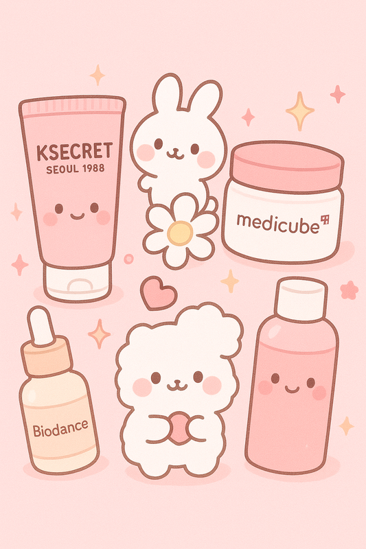 Image représentant les tendances skincare K-Beauty de fin d’année avec les collections des marques KSECRET SEOUL 1988, Medicube et Biodance, mettant en avant des soins visage et la beauté coréenne.