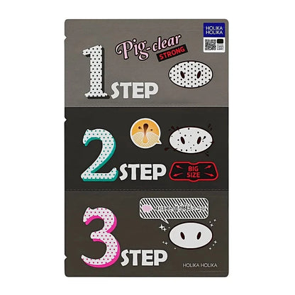 Holika Holika Pig Clear Black Head 3 Step – kit 3 étapes pour éliminer les points noirs et purifier les pores du visage, idéal pour peaux mixtes à grasses.