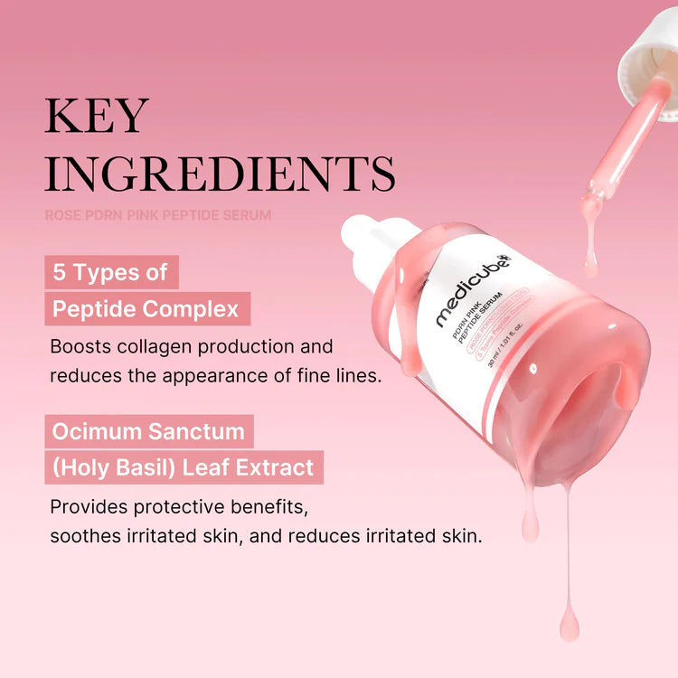 Flacon du MEDICUBE PDRN Pink Peptide Glow Serum, sérum anti-âge raffermissant et hydratant au PDRN.