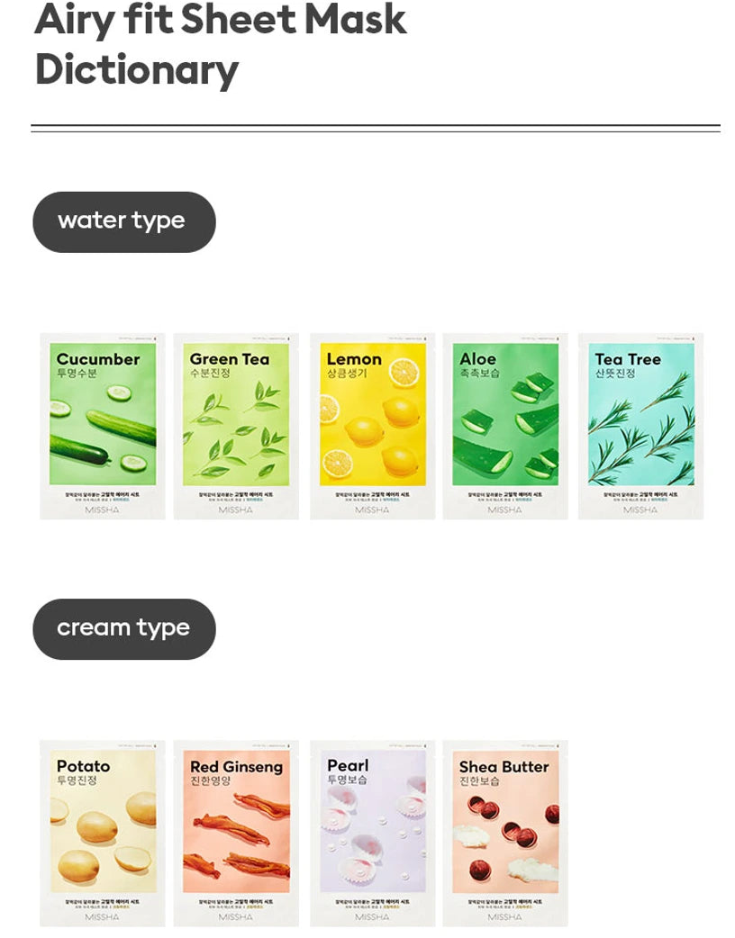 Masque en tissu hydratant MISSHA Airy Fit Sheet Mask – soin K-beauty pour une peau éclatante et revitalisée